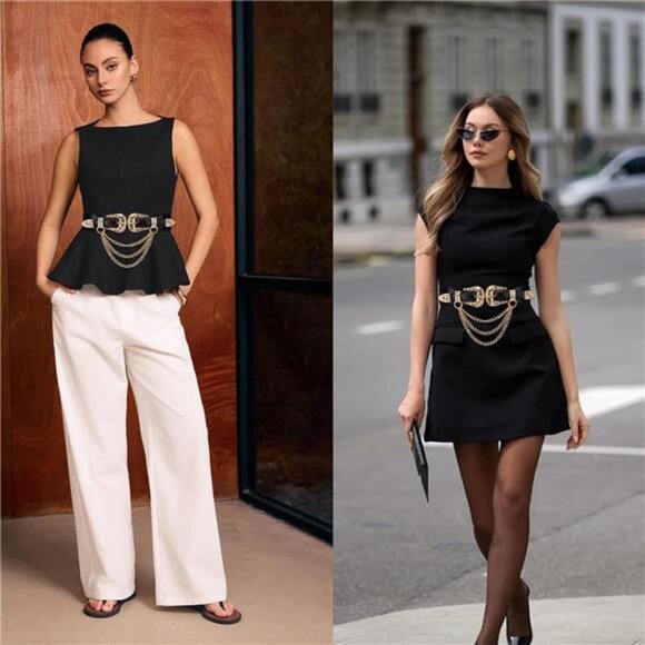 Double Buckle Western Leather Belt – Elastic Waist Floral Carved Belt for Women - Picture 6 of 6